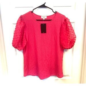Hot pink textured puff sleeve blouse Kim & Cami